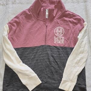 VS PINK Half Zip Pullover Sweater - Pink, Gray, White - Size Large